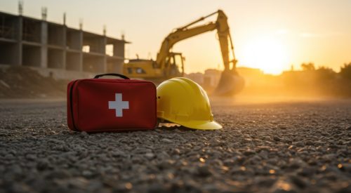 On a construction site, a first aid kit and yellow hard hat sit on the rocky ground, bathed in the warm hues of a setting sun. In the background, a large, yellow excavator stands near a building under construction, its silhouette softened by the golden light. The composition emphasizes the importance of safety in demanding environments. This image could be used in commercial contexts related to workplace safety, construction, emergency preparedness, or occupational health and safety training.